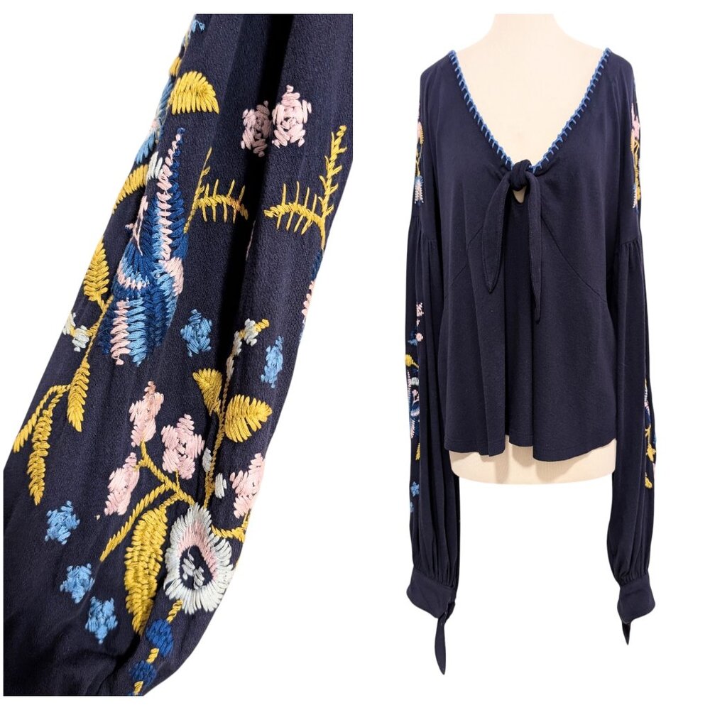 Free People Womens Sz XL Blue Kara Balloon Sleeve Floral Embroidered V-Neck Top
